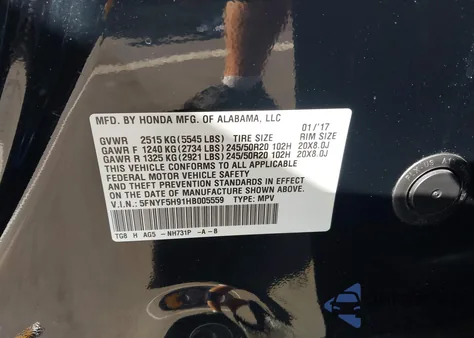 2017 Honda Pilot Touring z USA, uszkodzony, nr VIN 5FNYF5H91HB005559